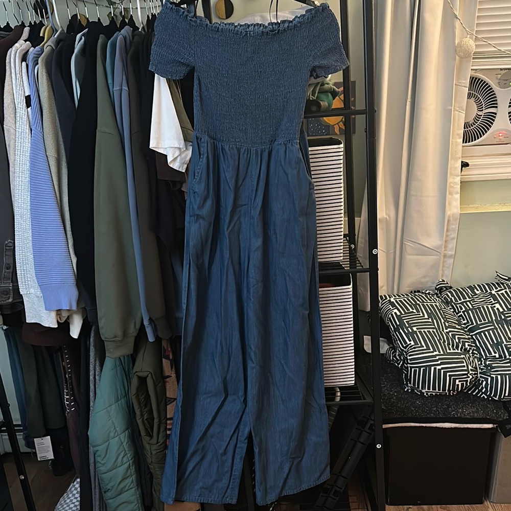 Francesca's Blue Pleated Off-Shoulder Jumpsuit